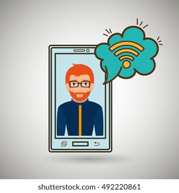 cartoon man smartphone wifi cloud