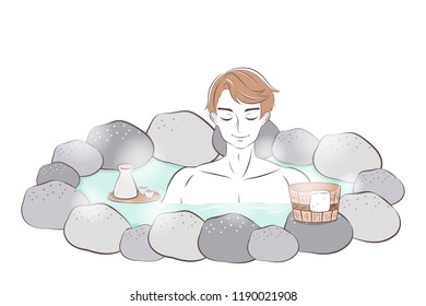 cartoon man smile and enjoy with hot spring