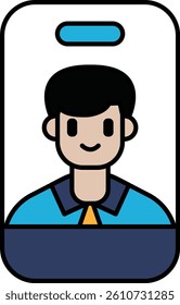 A cartoon man with a smile on his face is looking at a laptop. The man is wearing a blue shirt and a tie
