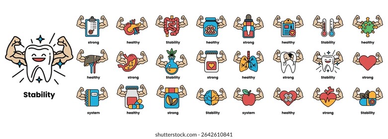 A cartoon of a man with a smile on his face and a toothbrush in his mouth. The cartoon is titled "Healthy Habits"