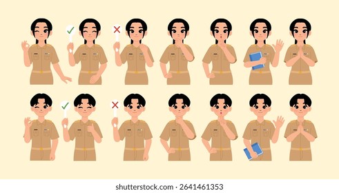 cartoon man smile ,Thai female teacher in khaki uniform, Thai woman government officer character ok hand, hold wight and wrong sign, thinking, curious, waving hand, hold book, sawasdee, greeting 