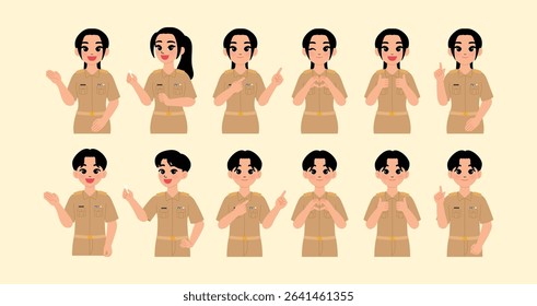 cartoon man smile ,Thai female teacher in khaki uniform, Thai woman government officer character pointing hand, hold white chalk, finger up, heart hand, thumbs up, presenting, idea illustration