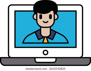 A cartoon man is smiling at the camera on a laptop. The man is wearing a blue shirt and a tie