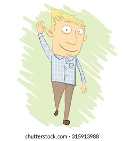 Cartoon man smiling and waving.
