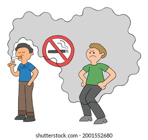 Cartoon man smokes in no smoking place and man behind is bothered by cigarette smoke, vector illustration. Colored and black outlines.