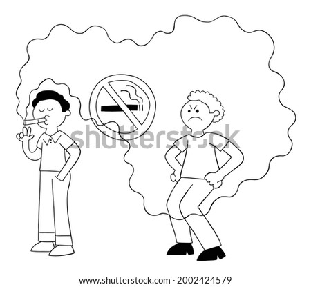 Cartoon man smokes in no smoking place and man behind is bothered by cigarette smoke, vector illustration. Black outlined and white colored.