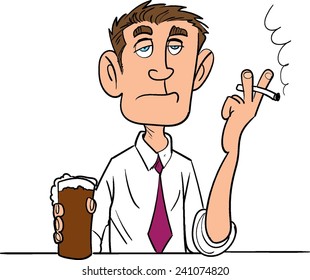 Cartoon man smoking with a beer. Isolated