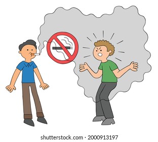 Cartoon man smoking in a place where smoking is prohibited and the other man getting angry, vector illustration. Colored and black outlines.
