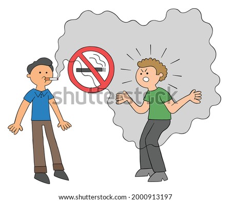 Cartoon man smoking in a place where smoking is prohibited and the other man getting angry, vector illustration. Colored and black outlines.