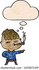 hombre de dibujos animados fumando con burbuja de ideas al estilo de textura gruesa