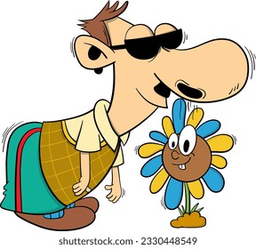 cartoon man sniff a flower vector illustration.