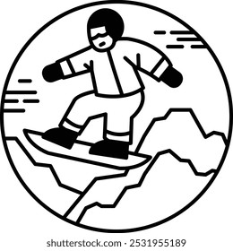 A cartoon of a man snowboarding with mountains in the background