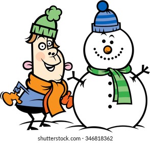 Cartoon of man with snowman