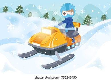 cartoon man is snowmobiling on the moutain