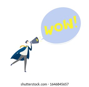 Cartoon man speaking through a megaphone with big word Wow in a speech bubble. Flat vector illustration - business and marketing concept.