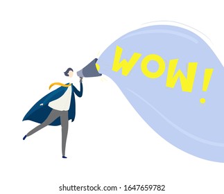 Hombre de caricaturas hablando a través de un megáfono con la palabra "Wow" en una burbuja de discursos. Ilustración vectorial plana - concepto de negocios y marketing.