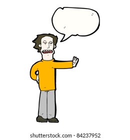 cartoon man with speech bubble gesturing stop