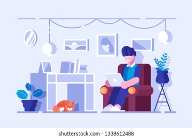 Cartoon man spending free time at home. Smiling boy in glasses sitting on armchair with modern laptop vector illustration. Living room interior flat style concept