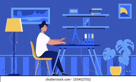 Cartoon man spending free time at home. Smiling boy sitting on armchair with modern computer vector illustration. Living room interior flat style concept.