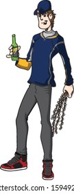 Cartoon of man in sports jersey drinking beer and holding pussy willows.