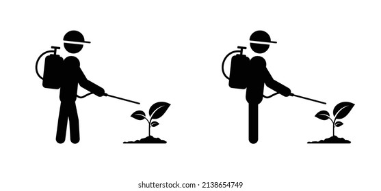 Cartoon man spraying toxic or weedkiller on plants, flowers or grass. Stickman, stick figure man with spraying weed killer. Farm, farmer worker. Park, field, plant or grass. Insect, weed killer.