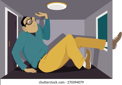 Cartoon man squeezed into a very small apartment, his leg is sticking out of the window, vector illustration, no transparencies, EPS 8