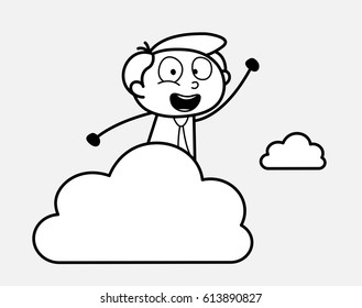 Cartoon Man Standing Behind Cloud Banner and Gesturing