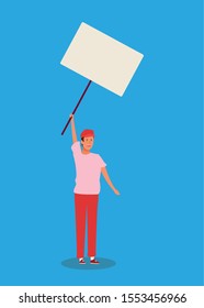 cartoon man standing with blank poster over blue background, colorful design. vector illustration