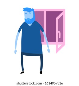 Cartoon man standing by the open window. Cartoon design icon. Flat vector illustration. Isolated on white background.