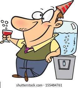 Cartoon man standing by the water cooler with a party hat and a drink