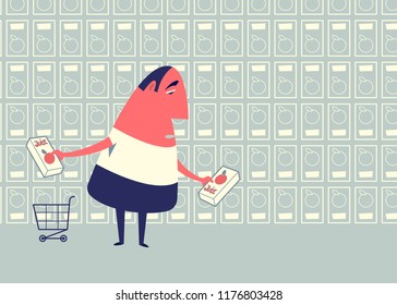Cartoon man standing close to shelf and trying to choose the juice in the store.