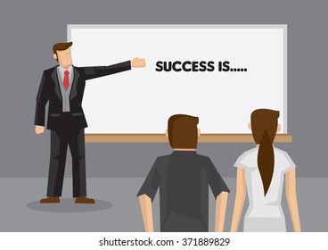 Cartoon man standing in front of audience and pointing to white board with text read Success is Vector illustration on personal development concept.