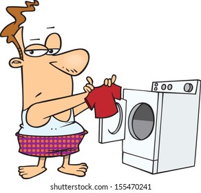 Cartoon man standing in front of the dryer in his underwear with a shrunken shirt