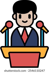 Ein Cartoon-Mann steht vor einem Mikrofon. Er trägt Anzug und Krawatte und lächelt