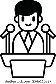 Um homem de desenho animado está parado na frente de um microfone