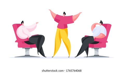 Cartoon man standing in front of modern businessmen and explaining new startup idea while asking for great investment on white background