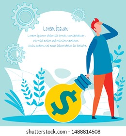 Cartoon Man Standing with Light Bulb and Looking for Target, Financial Support and Opportunities. Floral, Gearwheels Design. Project Management Research. Text Motivate Banner. Vector Flat Illustration