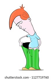 Cartoon man standing and looking down inside his pants. Flat vector.