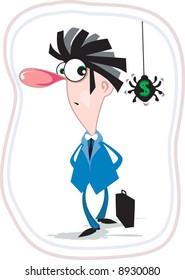 A cartoon man standing near a dollar spider 	