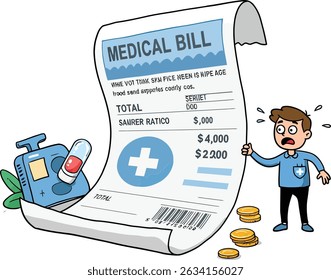 Cartoon Man Standing Next Medical Bill Healthcare Costs Financial Burden Stress