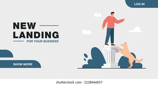 Cartoon man standing on column while playing with dog outside. Owner training puppy flat vector illustration. Pets, outdoor activity, domestic animals concept for banner or landing web page