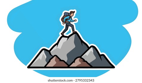 Cartoon man standing on mountain top