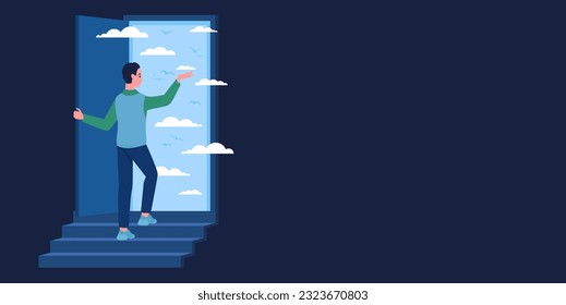 Cartoon man standing on stairs in front of open door to heaven, beauty of summer blue sky with clouds inside of doorway. Fantasy, psychology and way to unknown future concept vector illustration