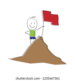 Cartoon man standing on the top of a mountain with a red flag.
