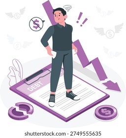 a cartoon man standing on top of a large document labeled 'debt' with a purple border, surrounded by various financial symbols such as coins, a clock with a dollar sign, and a downward trending graph, conveying a sense of financial struggle or debt