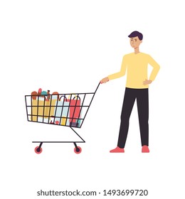 Cartoon man standing with shopping cart full of food - isolated character posing and smiling at grocery store - vector illustration on white background