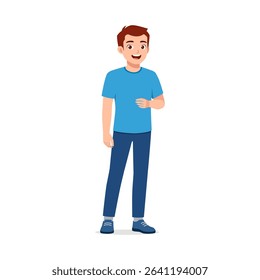 Cartoon Man Standing and Smiling, Wearing Blue Shirt and Jeans, Full Body View