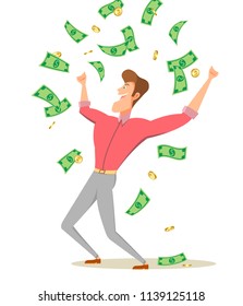 A cartoon man standing under money rain banknotes and coins. Businessman celebrates success.