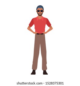 cartoon man standing and wearing sunglasses icon over white background, vector illustration