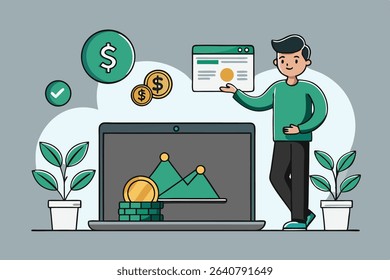 A cartoon man stands beside a laptop displaying a financial graph and coins, presenting a webpage showing financial data.